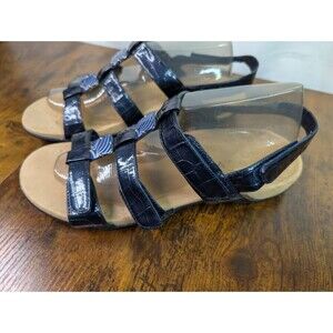Vionic womens 12 Amber Navy Blue Leather Strappy Comfort Sling Back Sandals
